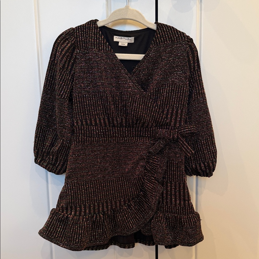 Habitual Black and Gold Metallic Wrap Dress